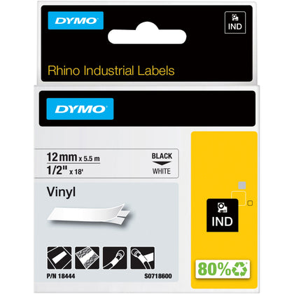 Dymo Rhino Industrial Vinyl Labels: 15/32’’ x 18 ft - Black on White - Water Chemical & Oil Resistant - Label Tapes
