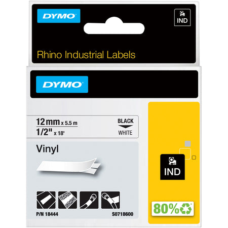 Dymo Rhino Industrial Vinyl Labels - 15/32" Width x 18 3/64 ft Length - Permanent Adhesive - Rectangle - Thermal Transfer - Black on White - Vinyl - Water Resistant - Chemical Resistant, Oil Resistant - 1 Each