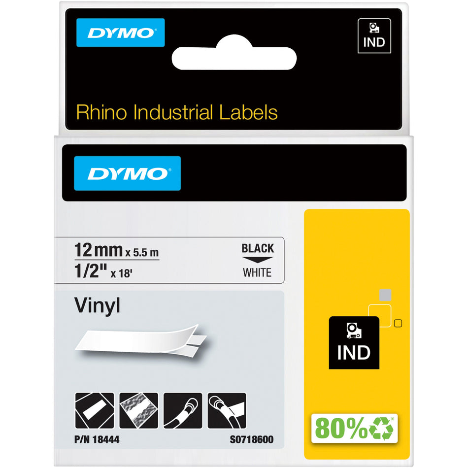 Dymo Rhino Industrial Vinyl Labels - 15/32" Width x 18 3/64 ft Length - Permanent Adhesive - Rectangle - Thermal Transfer - Black on White - Vinyl - Water Resistant - Chemical Resistant, Oil Resistant - 1 Each