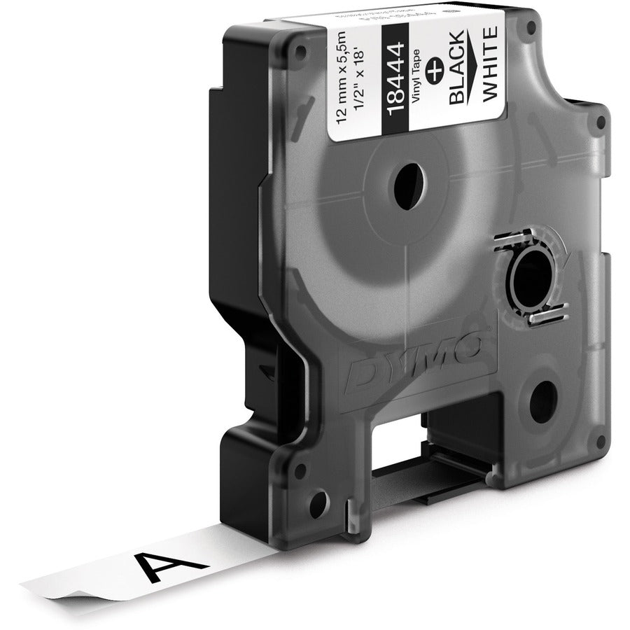 Dymo Rhino Industrial Vinyl Labels - 15/32" Width x 18 3/64 ft Length - Permanent Adhesive - Rectangle - Thermal Transfer - Black on White - Vinyl - Water Resistant - Chemical Resistant, Oil Resistant - 1 Each