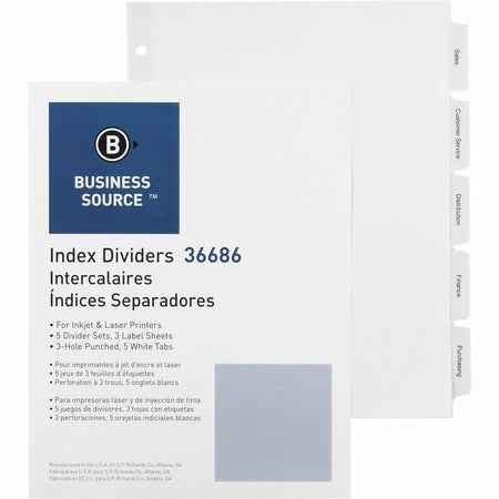 Business Source Punched Tabbed Laser Index Dividers - 5 Blank Tab(s) - 5 Tab(s)/Set - 11" Divider Width - 3 Hole Punched - White Paper Divider - White Tab(s) - 100% Recycled - Mylar Reinforcement, Reinforced, Punched - 5 / Pack