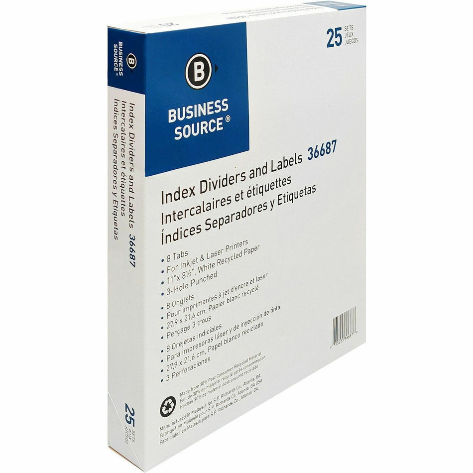Business Source Punched Laser Index Dividers - 8 Blank Tab(s) - 8 Tab(s)/Set - 8.5" Divider Width x 11" Divider Length - Letter - 3 Hole Punched - White Paper Divider - White Tab(s) - 100% Recycled - Mylar Reinforcement, Reinforced, Punched - 25 / Box