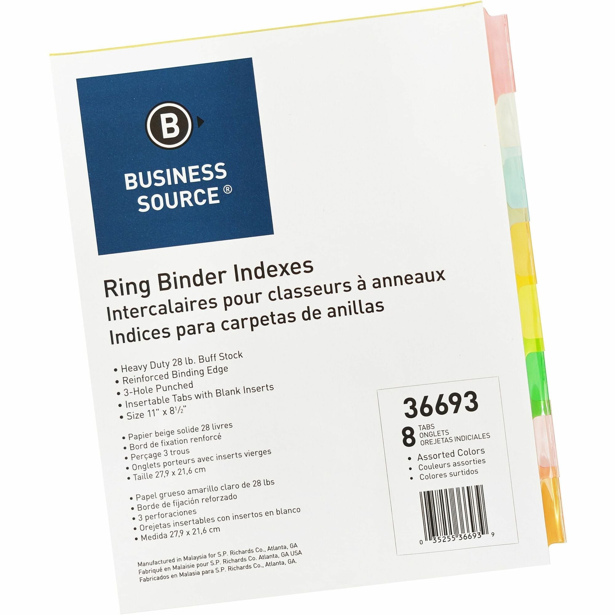 Business Source Insertable Tab Ring Binder Indexes - 8 Blank Tab(s) - 1.50" Tab Width - 8.5" Divider Width x 11" Divider Length - Letter - 3 Hole Punched - Multicolor Tab(s) - Tear Resistant, Punched, Insertable, Reinforced Edges - 8 / Set
