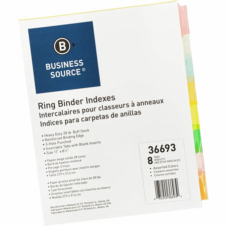 Business Source Insertable Tab Ring Binder Indexes - 8 Blank Tab(s) - 1.50" Tab Width - 8.5" Divider Width x 11" Divider Length - Letter - 3 Hole Punched - Multicolor Tab(s) - Tear Resistant, Punched, Insertable, Reinforced Edges - 8 / Set