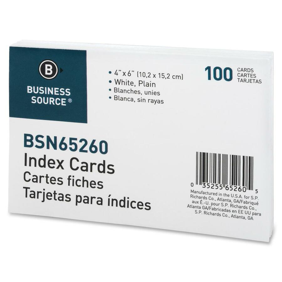 Business Source Plain Index Cards - 6" Width x 4" Length - 100 / Pack