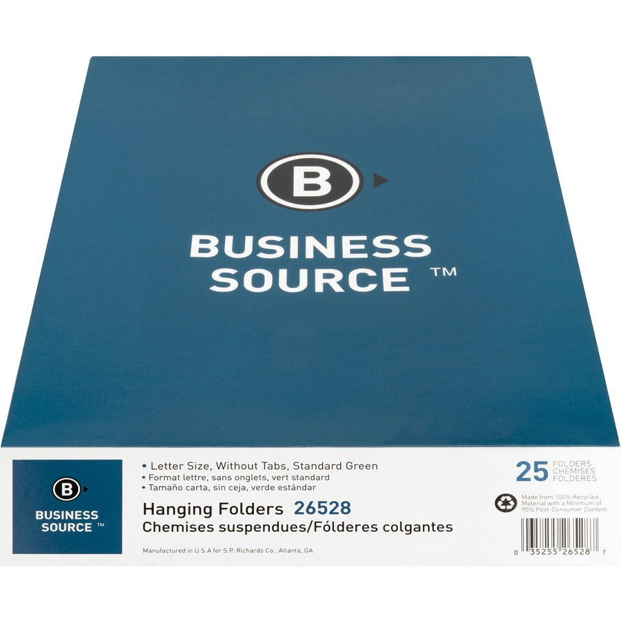 Business Source Letter Recycled Hanging Folder - 8 1/2" x 11" - 11 pt. - Green - 100% Recycled - 25 / Box