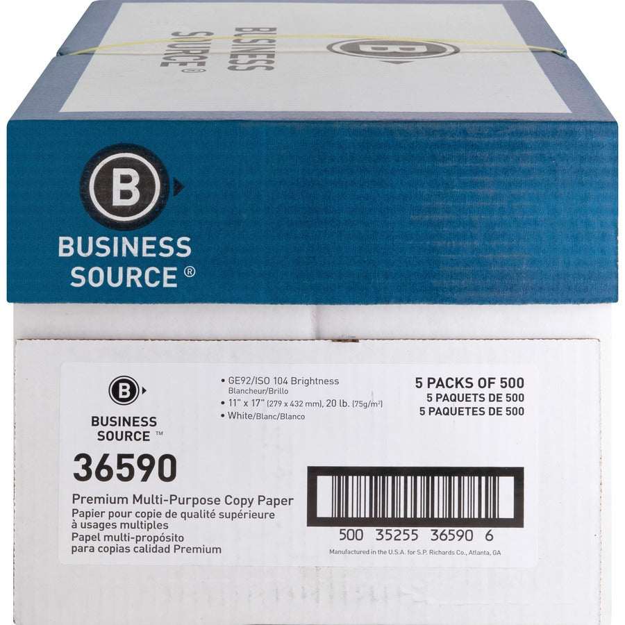 Business Source Premium Multipurpose Copy Paper - White - 92 Brightness - Ledger/Tabloid - 11" x 17" - 20 lb Basis Weight - Acid-free - White - 500 Sheets per Ream - 5 / Carton