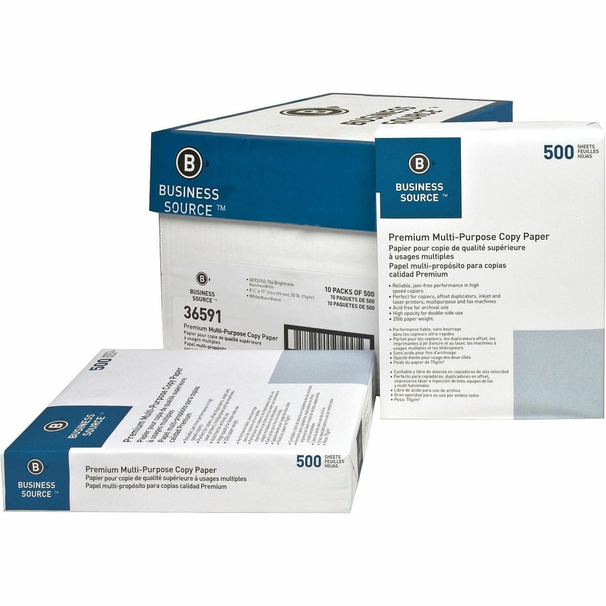 Business Source Multipurpose Copy Paper - White - 92 Brightness - Letter - 8 1/2" x 11" - 20 lb Basis Weight - Acid-free - White - 500 Sheets per Ream - 10 / Carton