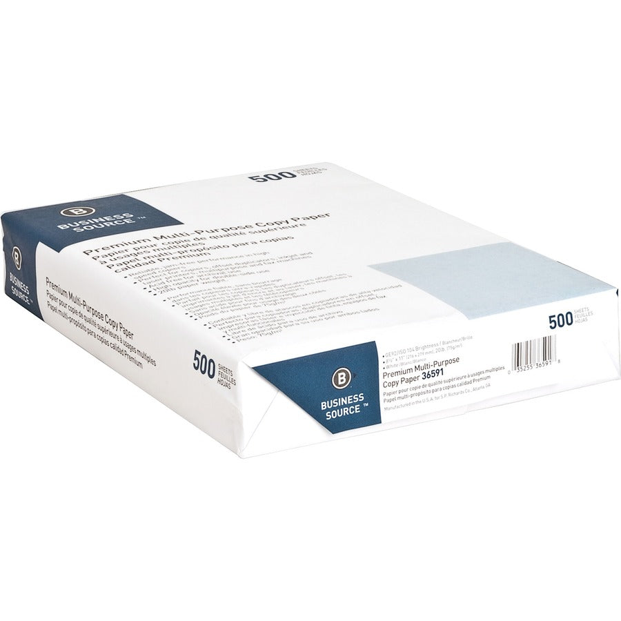 Business Source Multipurpose Copy Paper - White - 92 Brightness - Letter - 8 1/2" x 11" - 20 lb Basis Weight - Acid-free - White - 500 Sheets per Ream - 10 / Carton