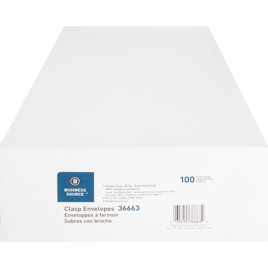 Business Source Heavy-duty Clasp Envelopes - Clasp - #90 - 9" Width x 12" Length - 28 lb - Clasp - Kraft - Kraft - 100 / Box