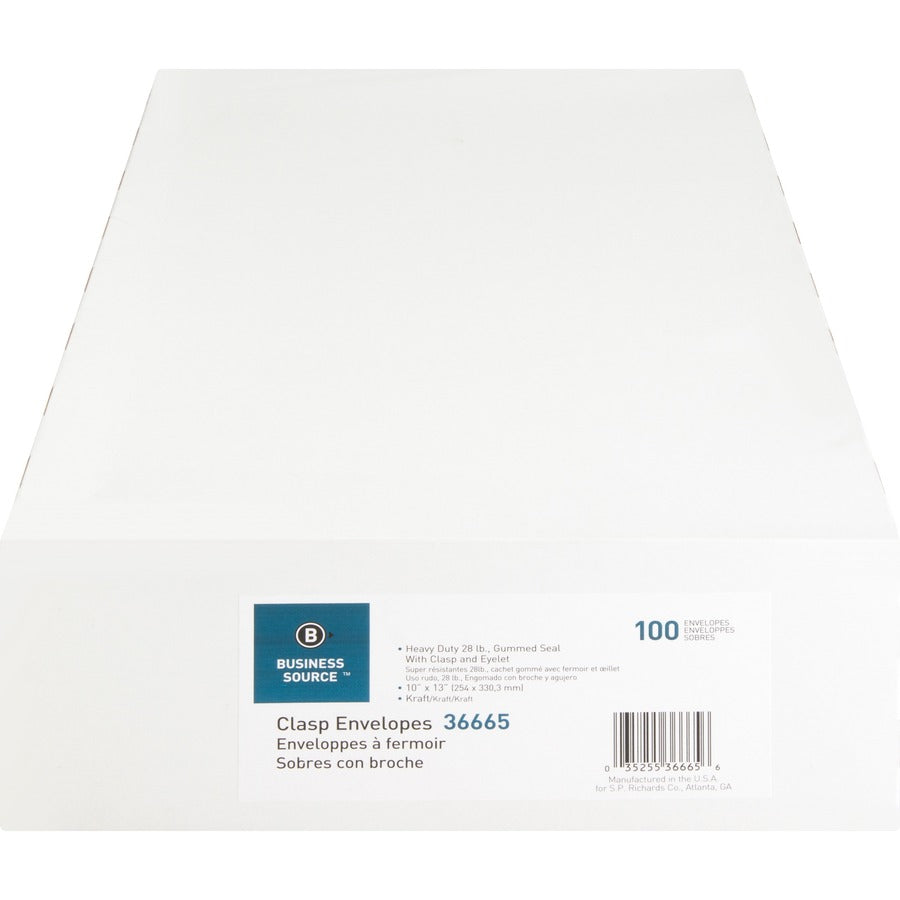 Business Source Heavy-duty Clasp Envelopes - Clasp - #97 - 10" Width x 13" Length - 28 lb - Clasp - Kraft - Kraft - 100 / Box