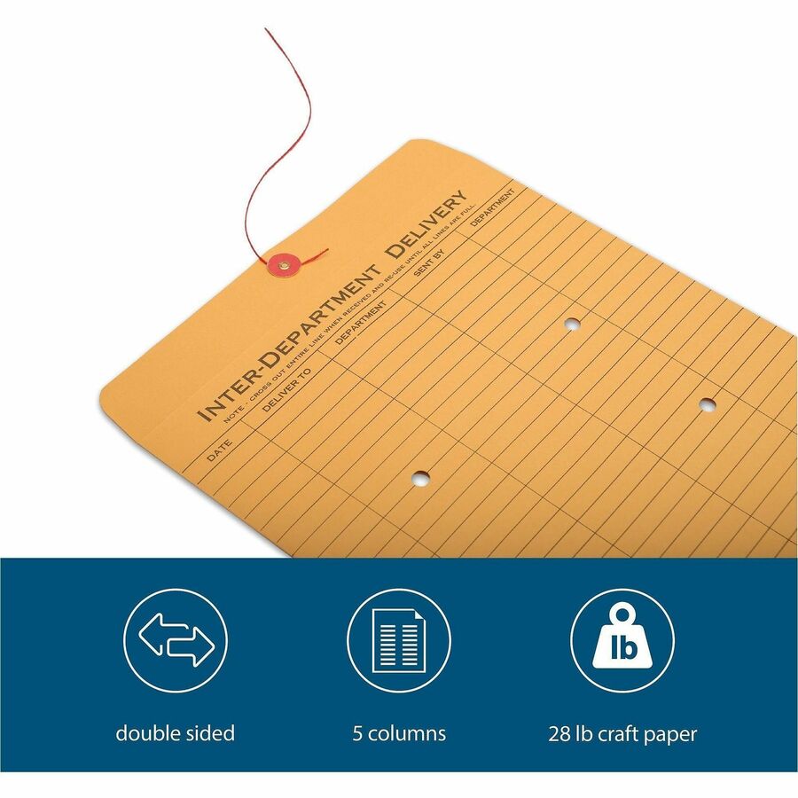 Business Source 2-sided Inter-Department Envelopes - Inter-department - 10" Width x 13" Length - 28 lb - String/Button - Kraft - Kraft - 100 / Box