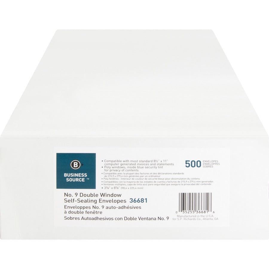 Business Source No. 9 Double Window Invoice Envelopes - Double Window - #9 - 8 7/8" Width x 3 7/8" Length - 24 lb - Self-sealing - White - 500 / Box