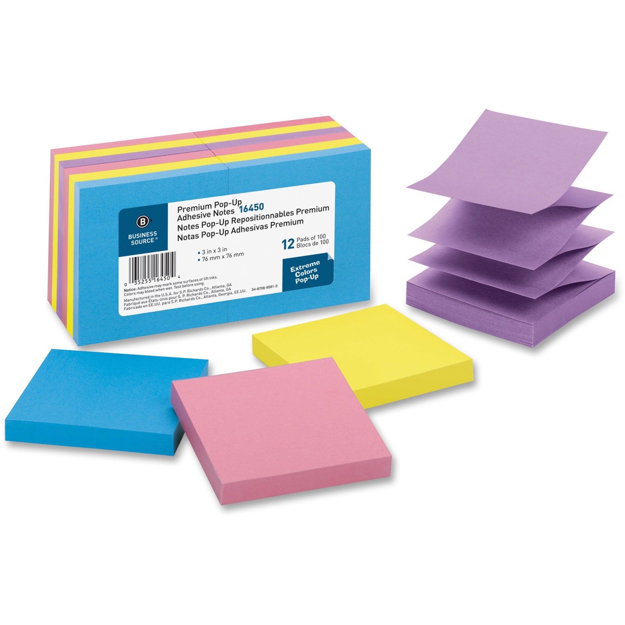 Business Source Reposition Pop-up Adhesive Notes - 3" Flag/Note Width x 3" Flag/Note Length - Square - Assorted - Removable, Repositionable, Solvent-free Adhesive - 12 / Pack