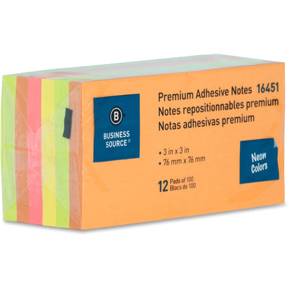 Business Source Neon Repositionable Notes - 3x3 Square Flags - 12-Pack - Adhesive & Dispensers