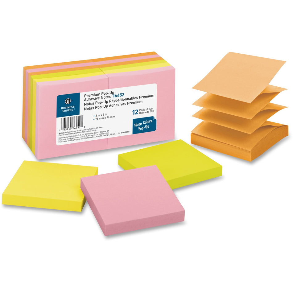 Business Source Reposition Pop-up Adhesive Notes - 3" Flag/Note Width x 3" Flag/Note Length - Square - Assorted Neon - Removable, Repositionable, Solvent-free Adhesive - 12 / Pack