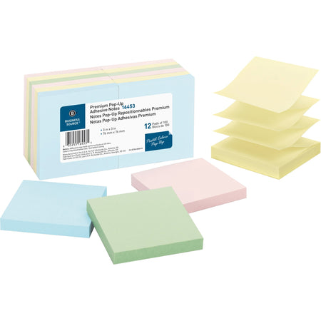 Business Source Reposition Pop-up Adhesive Notes - 3" Flag/Note Width x 3" Flag/Note Length - Square - Assorted Pastel - Removable, Repositionable, Solvent-free Adhesive - 12 / Pack