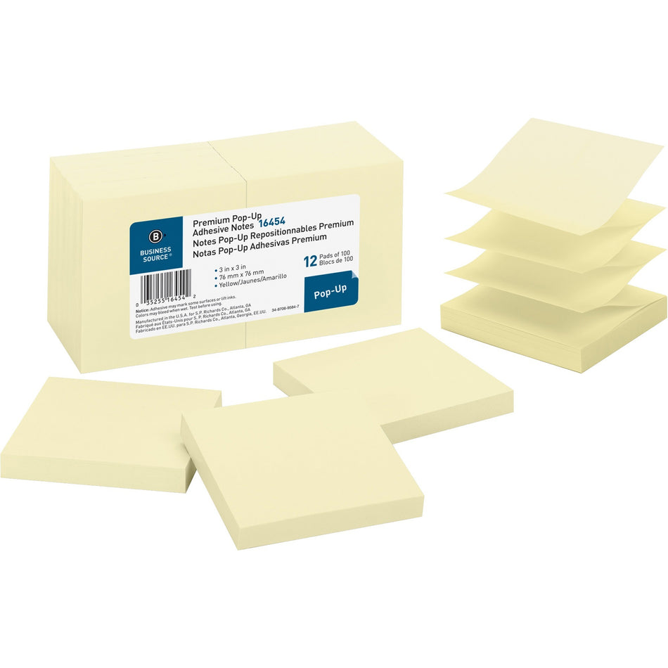 Business Source Reposition Pop-up Adhesive Notes - 3" Flag/Note Width x 3" Flag/Note Length - Square - Yellow - Removable, Repositionable, Solvent-free Adhesive - 12 / Pack