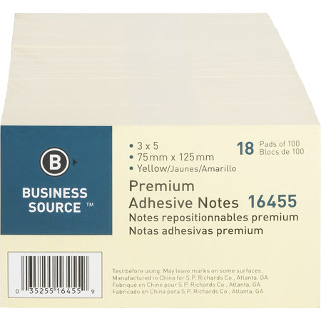 Business Source Repositionable Notes - 3" Flag/Note Width x 5" Flag/Note Length - Rectangle - Yellow - Repositionable, Solvent-free Adhesive - 18 / Pack