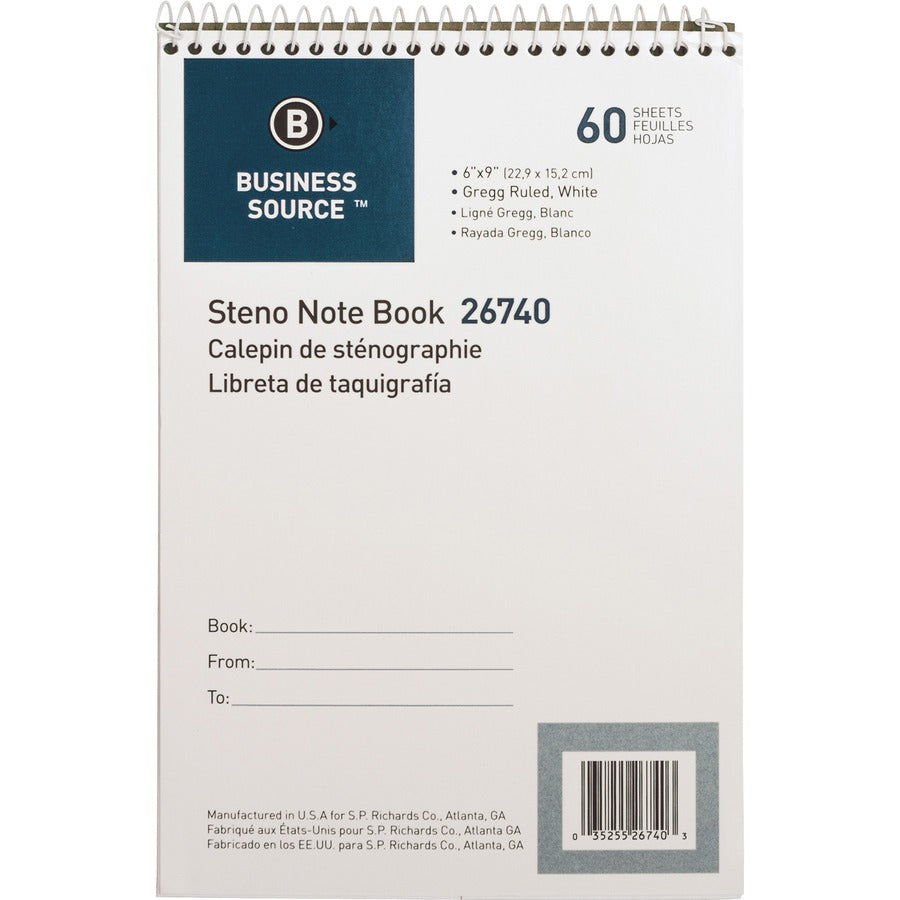 Business Source Steno Notebook - 60 Sheets - Wire Bound - Gregg Ruled Margin - 15 lb Basis Weight - 6" x 9" Sheet Size - White Paper - Stiff-back - 1 Each