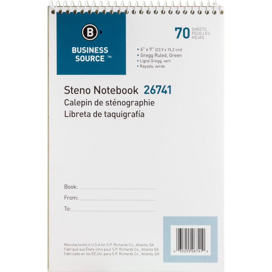 Business Source Steno Notebook - 70 Sheets - Wire Bound - Gregg Ruled Margin - 15 lb Basis Weight - 6" x 9" Sheet Size - Green Paper - Stiff-back - 1 Each