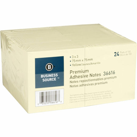 Business Source Yellow Repostionable Adhesive Notes - 3" Flag/Note Width x 3" Flag/Note Length - Square - Yellow - Repositionable, Solvent-free Adhesive - 24 / Pack