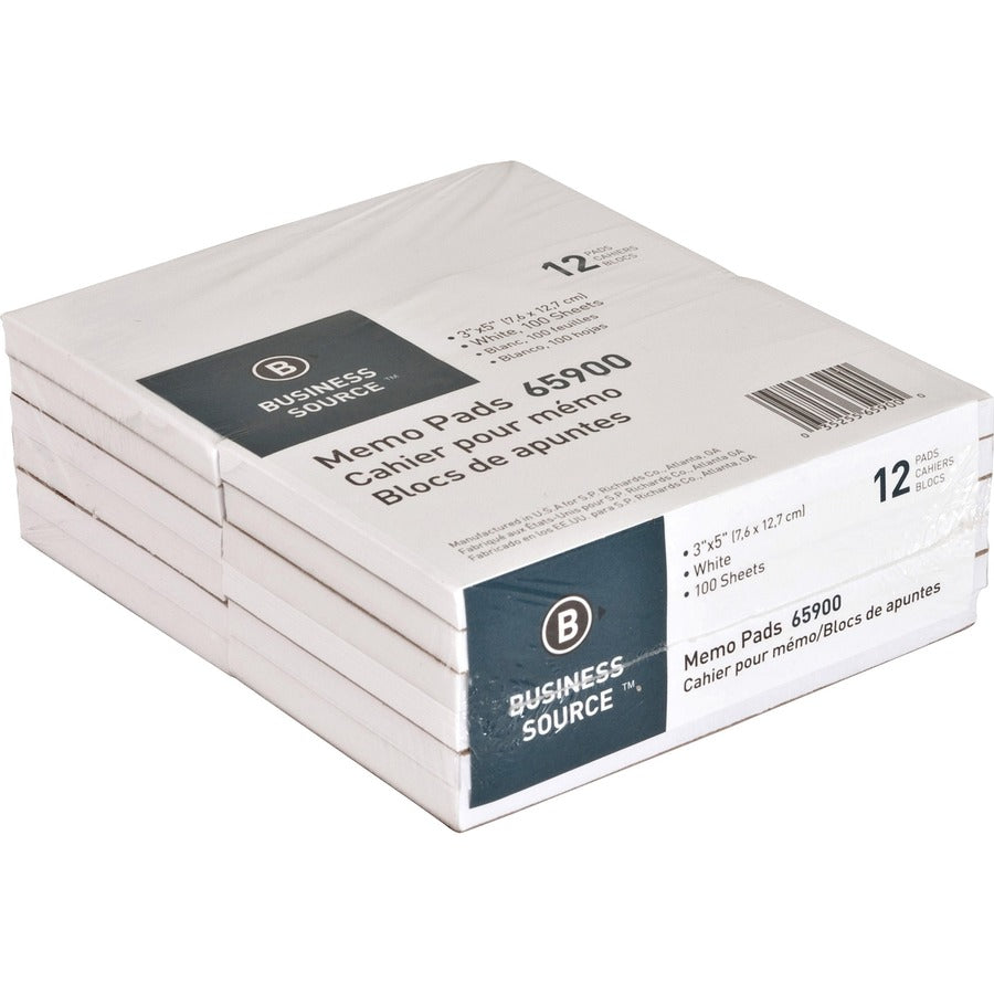 Business Source Plain Memo Pads - 100 Sheets - Plain - Glued - Unruled Front Ruling - 15 lb Basis Weight - 3" x 5" Sheet Size - White Paper - Chipboard Backing - 1 Dozen
