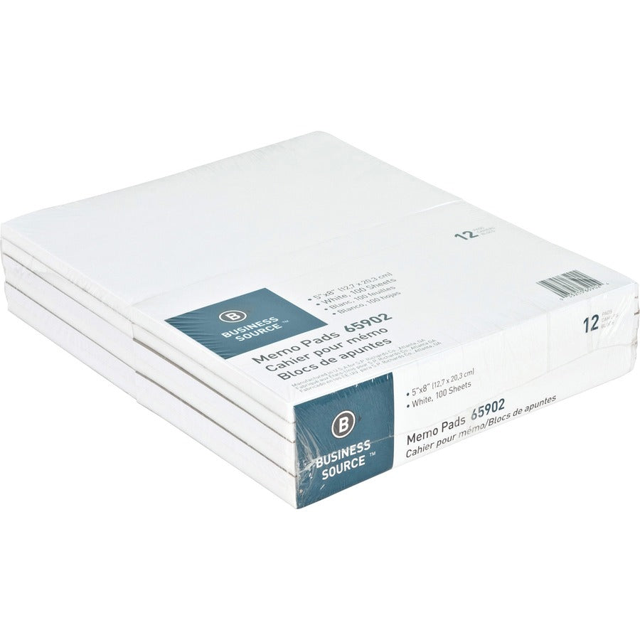 Business Source Plain Memo Pads - 100 Sheets - Plain - Glue - 16 lb Basis Weight - 5" x 8" Sheet Size - White Paper - 1 Dozen