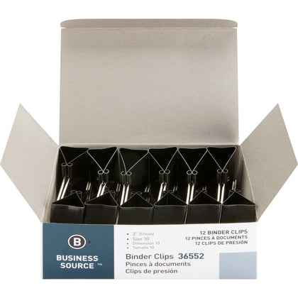 Business Source Large Binder Clips - 2’’ Length x Width - 1’’ Capacity - Black Steel - 1 Dozen - Bulldog