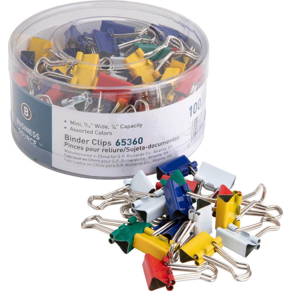 Business Source Colored Fold-back Binder Clips - Mini - 0.6" Width - 0.25" Size Capacity - Assorted - Steel - 100 / Pack