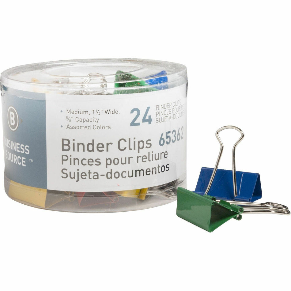 Business Source Colored Fold-back Binder Clips - Medium - 1.3" Width - 0.63" Size Capacity - Assorted - Steel - 24 / Pack