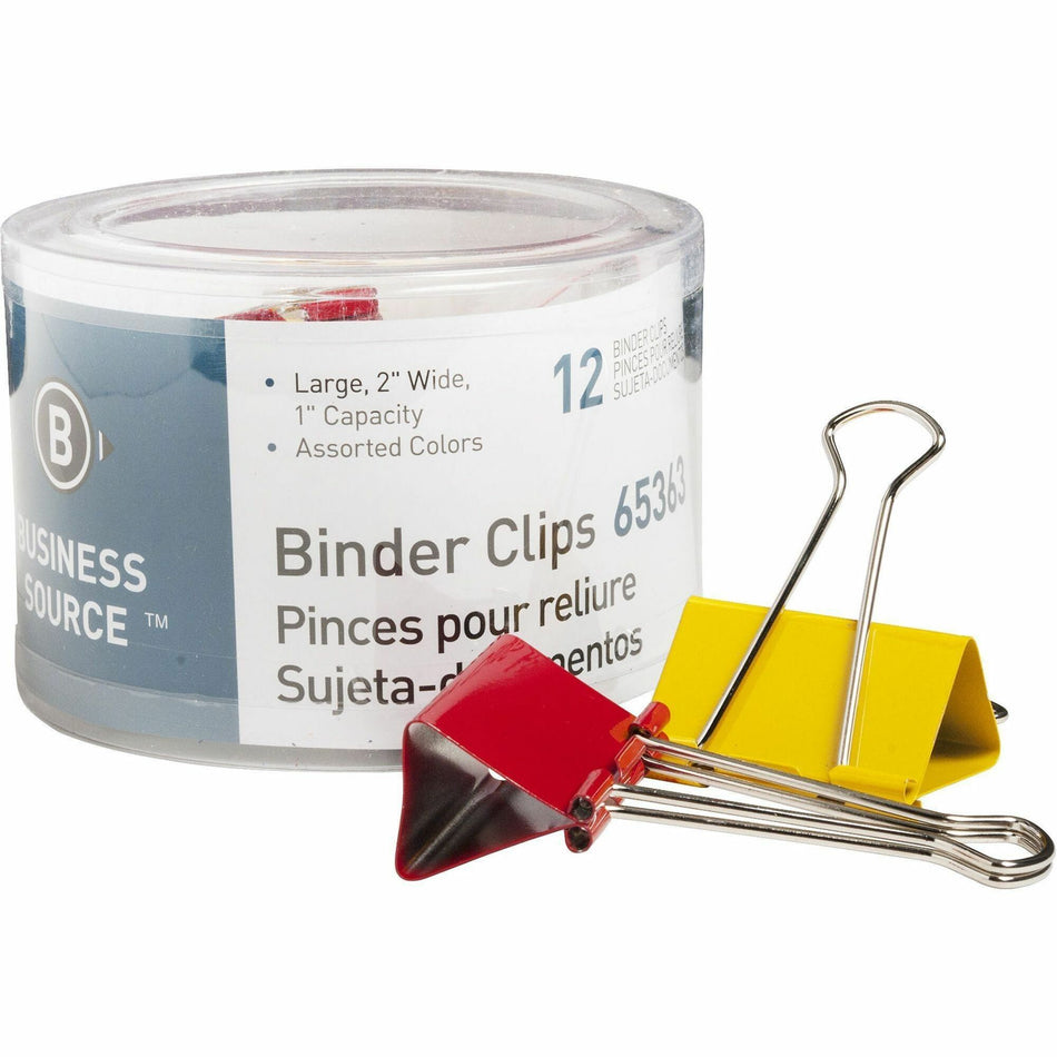 Business Source Colored Fold-back Binder Clips - Large - 2" Width - 1" Size Capacity - Assorted - Steel - 12 / Pack