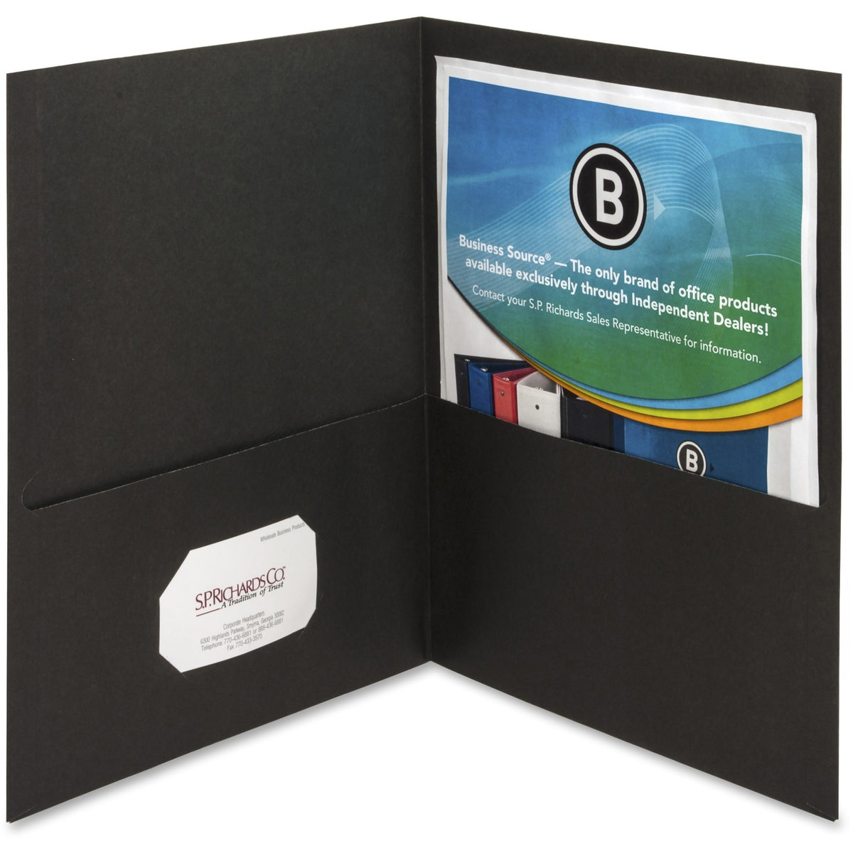 Business Source Letter Recycled Pocket Folder - 8 1/2" x 11" - 100 Sheets Capacity - 2 Inside Front & Back Pocket(s) - Paper - Black - Card Holder - 35% Recycled - 25 / Box