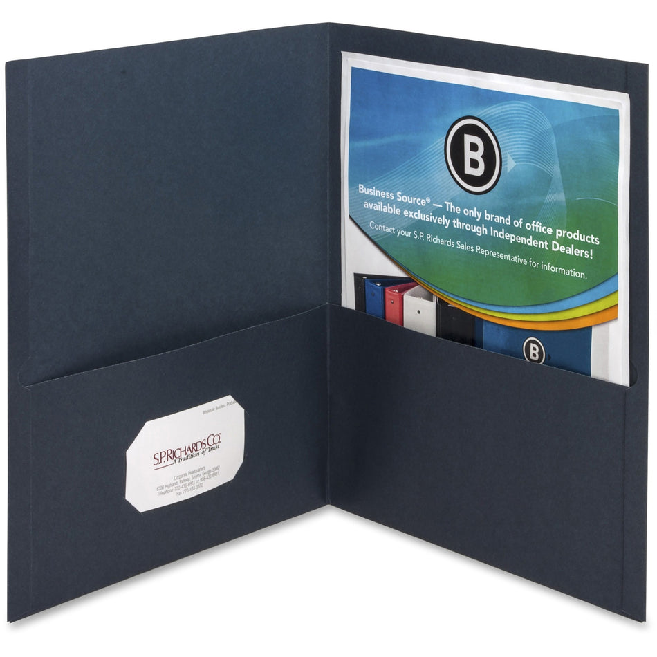 Business Source Letter Recycled Pocket Folder - 8 1/2" x 11" - 100 Sheets Capacity - 2 Inside Front & Back Pocket(s) - Paper - Dark Blue - Card Holder - 35% Recycled - 25 / Box