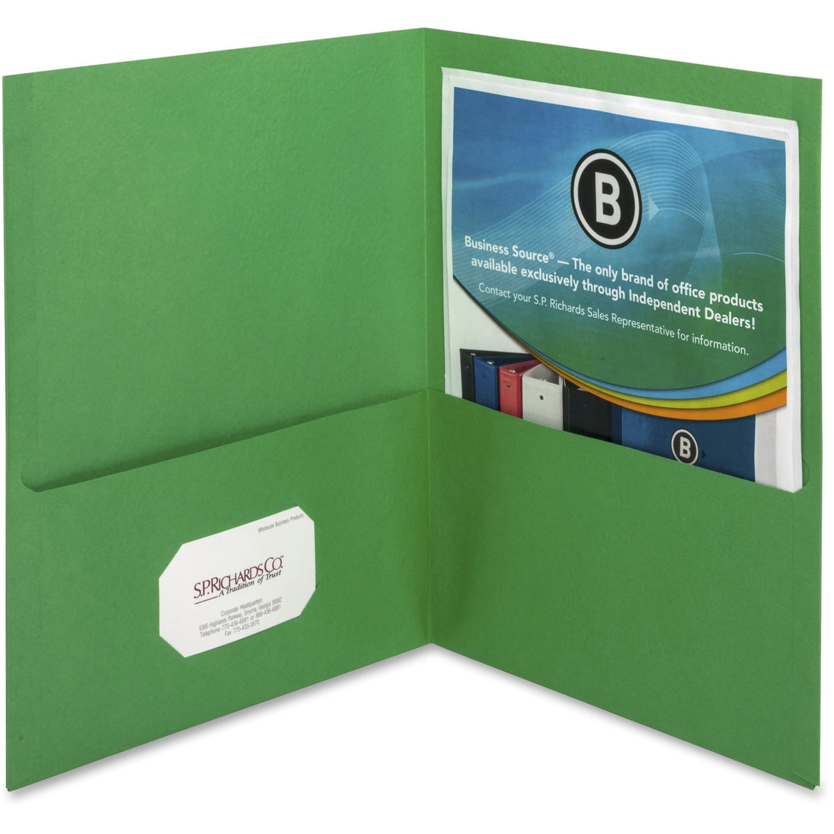 Business Source Letter Recycled Pocket Folder - 8 1/2" x 11" - 100 Sheets Capacity - 2 Inside Front & Back Pocket(s) - Paper - Green - Card Holder - 35% Recycled - 25 / Box