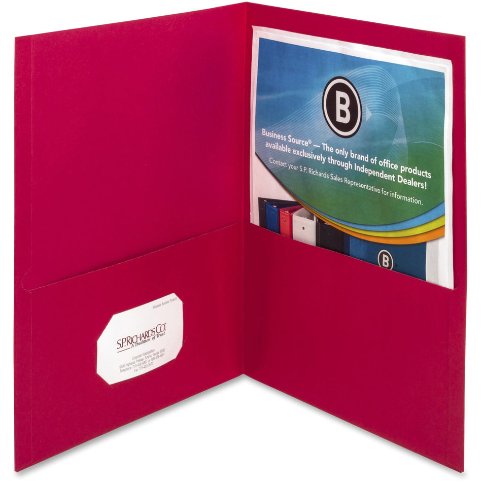 Business Source Letter Pocket Folder - 8 1/2" x 11" - 100 Sheets Capacity - 2 Inside Front & Back Pocket(s) - Paper - Red - Card Holder - 25 / Box