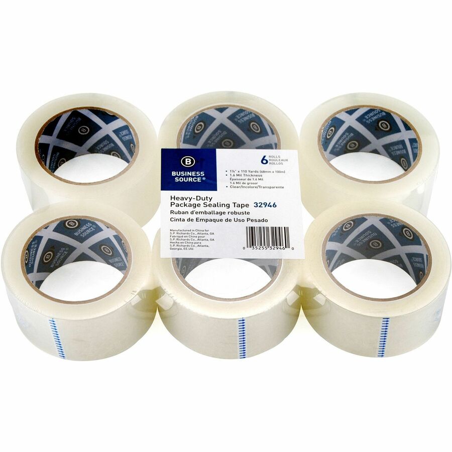 Business Source Heavy-duty Packaging/Sealing Tape - 110 yd Length x 1.88" Width - 3" Core - Clear - 1.60 mil - Breakage Resistance - For Bonding, Packing - 6 / Pack