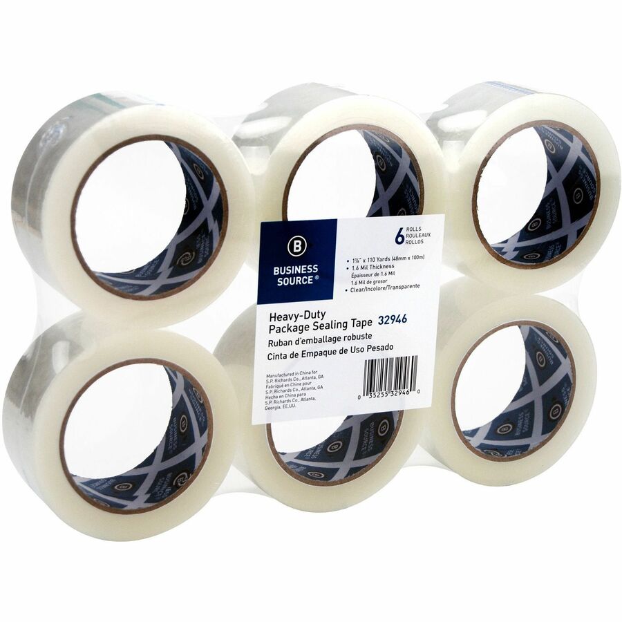 Business Source Heavy-duty Packaging/Sealing Tape - 110 yd Length x 1.88" Width - 3" Core - Clear - 1.60 mil - Breakage Resistance - For Bonding, Packing - 6 / Pack