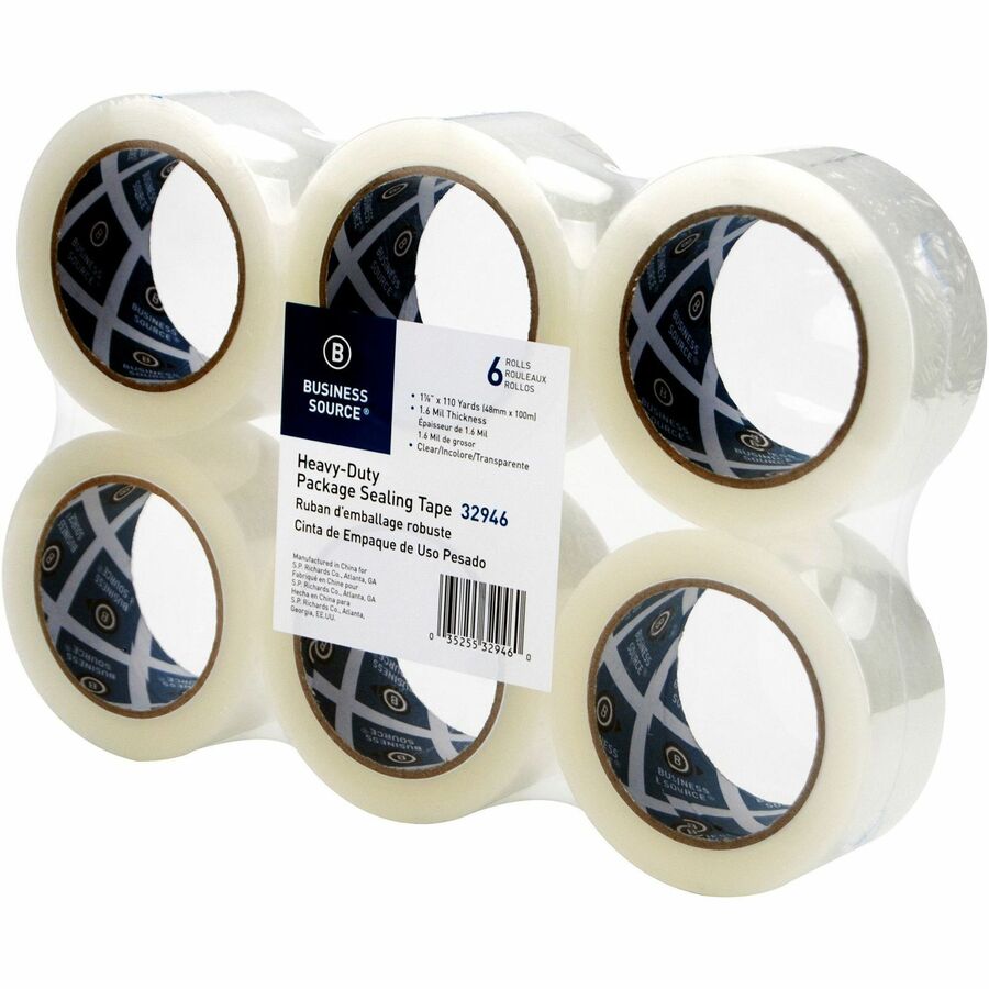 Business Source Heavy-duty Packaging/Sealing Tape - 110 yd Length x 1.88" Width - 3" Core - Clear - 1.60 mil - Breakage Resistance - For Bonding, Packing - 6 / Pack