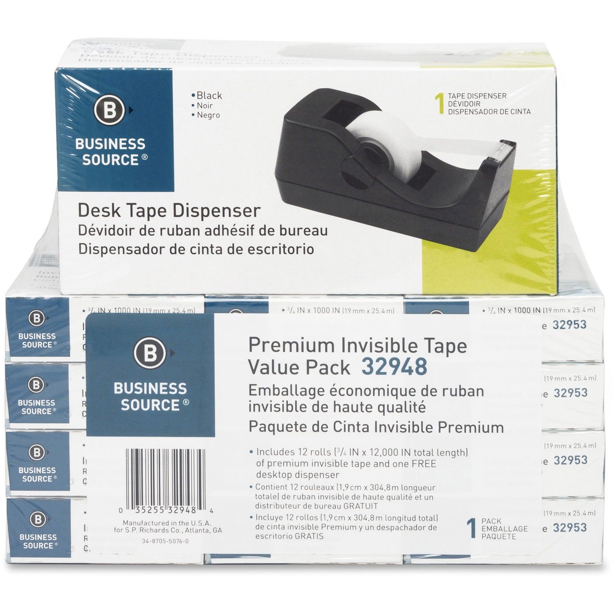 Business Source Invisible Tape Dispenser Value Pack - 27.78 yd Length x 0.75" Width - 1" Core - Clear - Acetate - Dispenser Included - Desktop Dispenser - For Multi Surface, Mending, Splicing, Holding - 12 / Pack