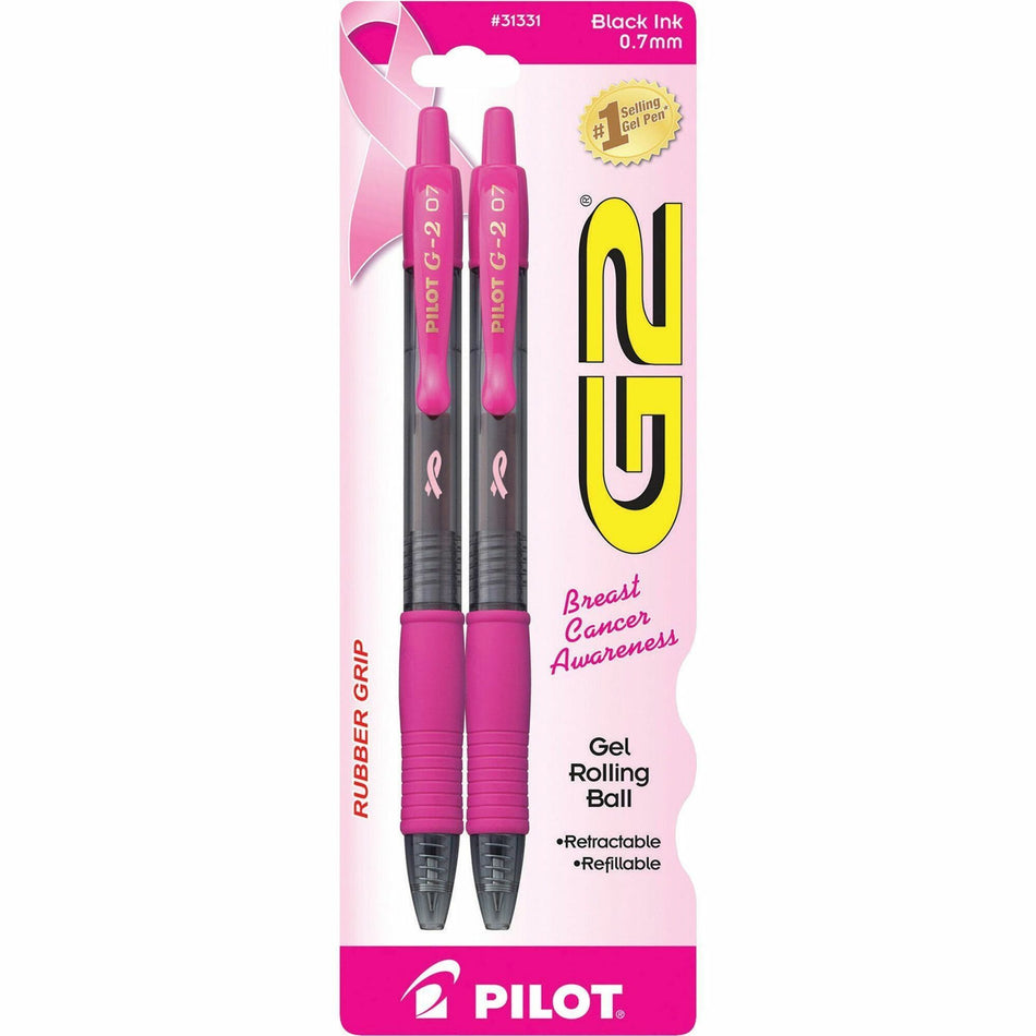 Pilot G2 Rubber Grip BCA Gel Rollingball Pens - 0.7 mm Fine Pen Point - Refillable - Retractable - Black Ink - Gel-based - Black, Pink Barrel - 2 / Pack