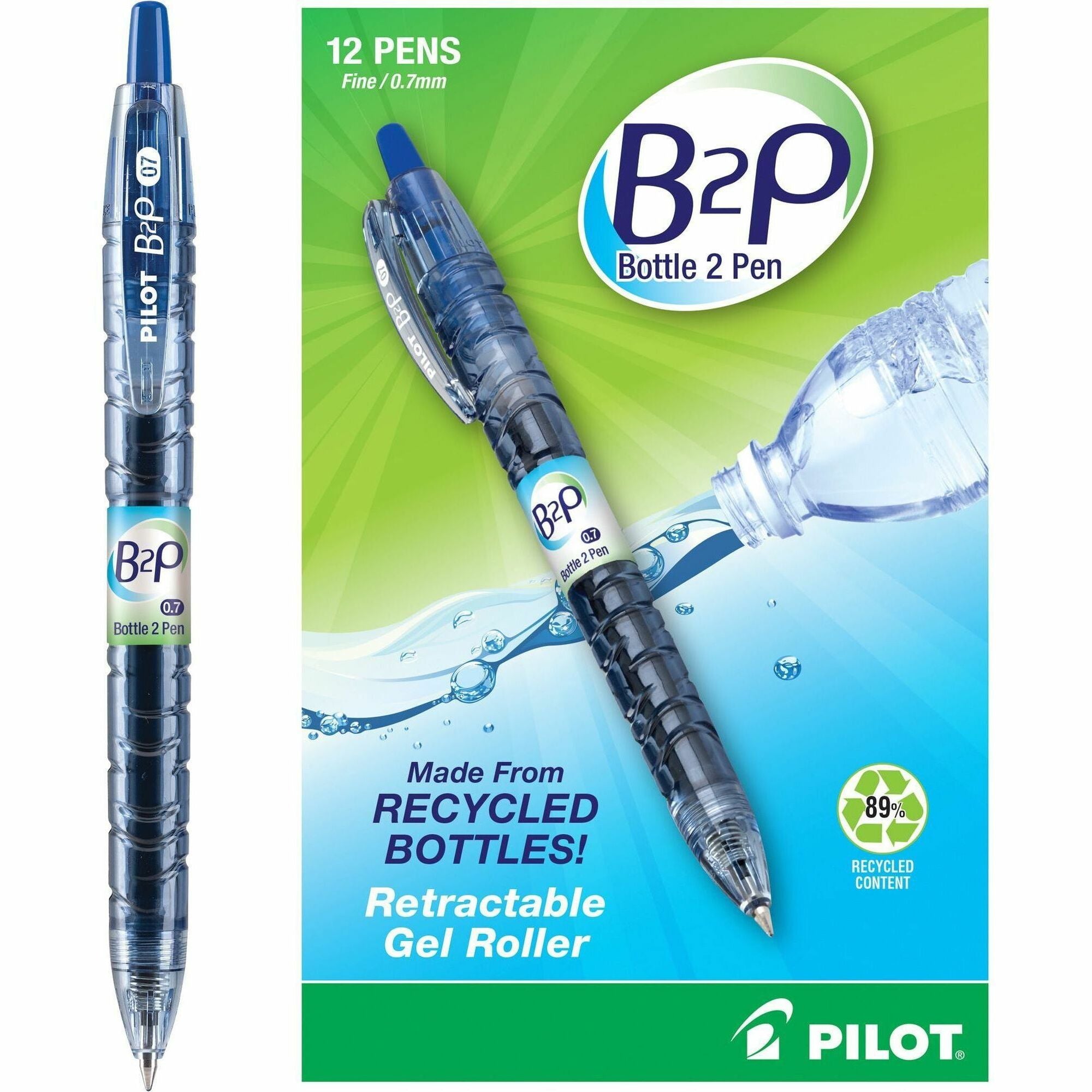 Pilot BeGreen B2P Fine Point Gel Pens - 0.7 mm Fine Pen Point - Refillable - Retractable - Blue Ink - Gel-based - Plastic Barrel - 1 Dozen
