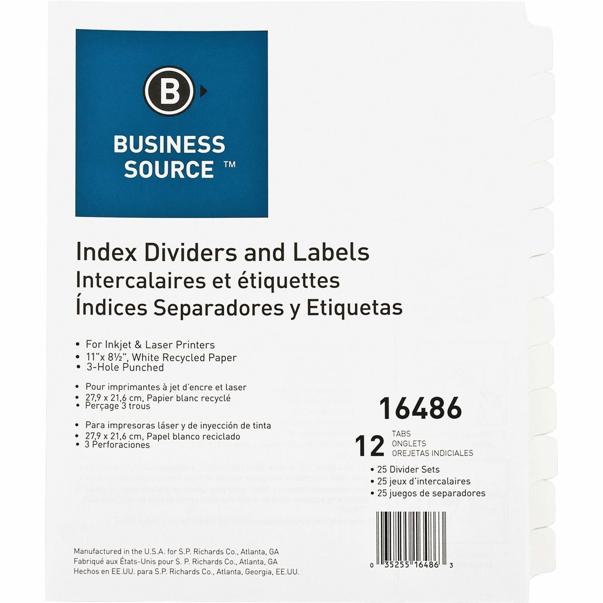 Business Source Customize 12-Tab Index Dividers - 12 x Divider(s) - 12 Print-on Tab(s) - 12 Tab(s)/Set - 8.3" Divider Width - 3 Hole Punched - White Divider - White Tab(s) - 100% Recycled - Punched, Mylar Reinforcement - 25 / Box