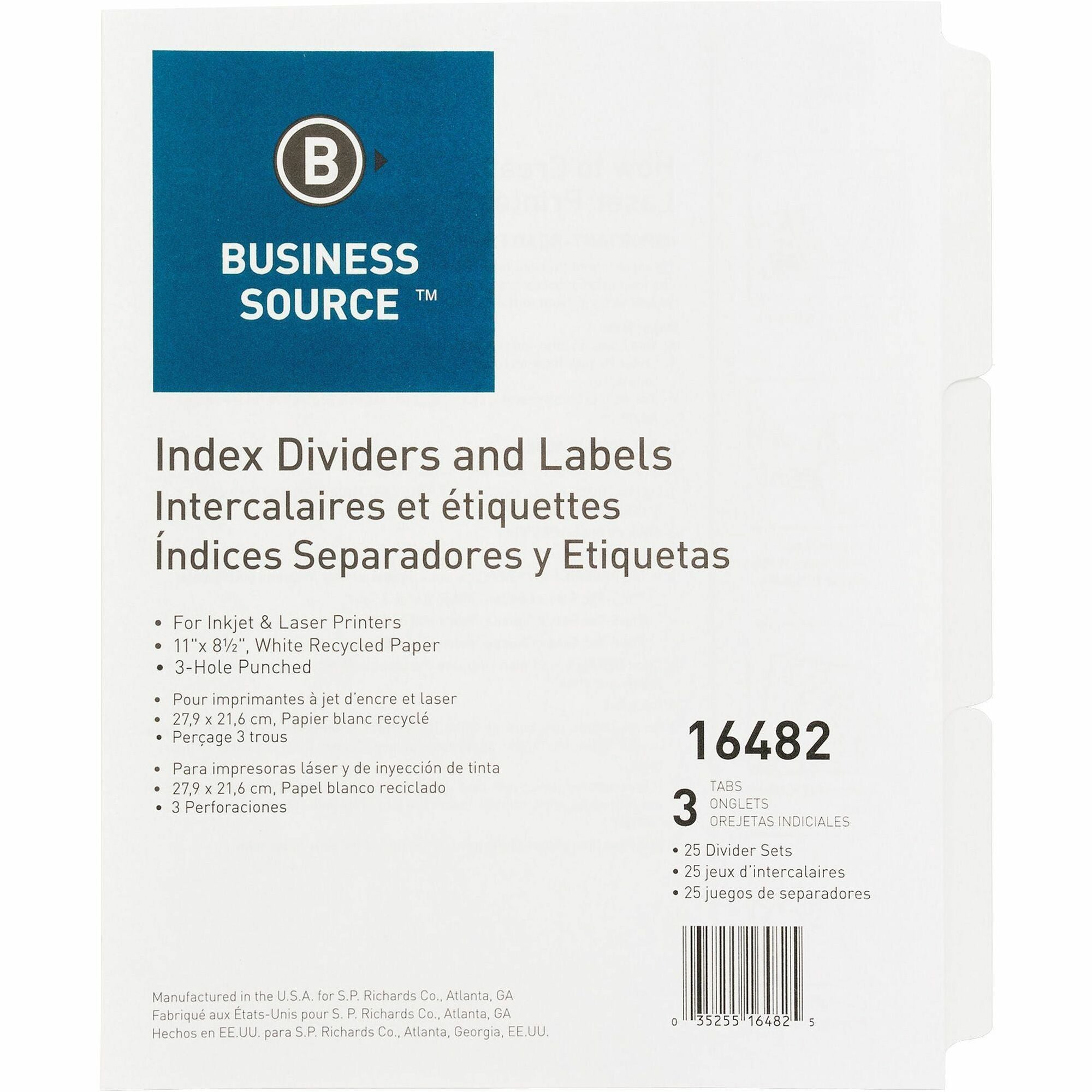 Business Source 3-Hole Punched Laser Index Tabs - 3 Tab(s) - 3 Tab(s)/Set - 8.5" Divider Width x 11" Divider Length - Letter - 3 Hole Punched - White Tab(s) - 100% Recycled - Punched, Mylar Reinforcement - 25 / Box