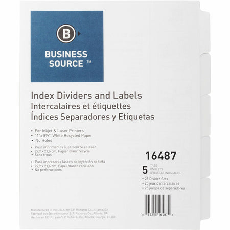 Business Source Un-punched Index Dividers Set - 5 x Divider(s) - Blank Tab(s) - 5 Tab(s)/Set - White Divider - White Tab(s) - 100% Recycled - Unpunched - 25 / Box