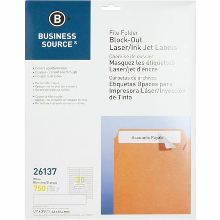 Business Source Block-out File Folder Labels - 3 7/16" Length - Permanent Adhesive - Laser, Inkjet - White - Lignin-free - 30 / Sheet - 750 / Pack