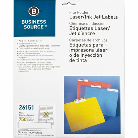 Business Source Laser/Inkjet Permanent File Folder Labels - 43/64" Width x 3 7/16" Length - Permanent Adhesive - Rectangle - Laser, Inkjet - White - Jam-free, Lignin-free - 30 / Sheet - 750 / Pack