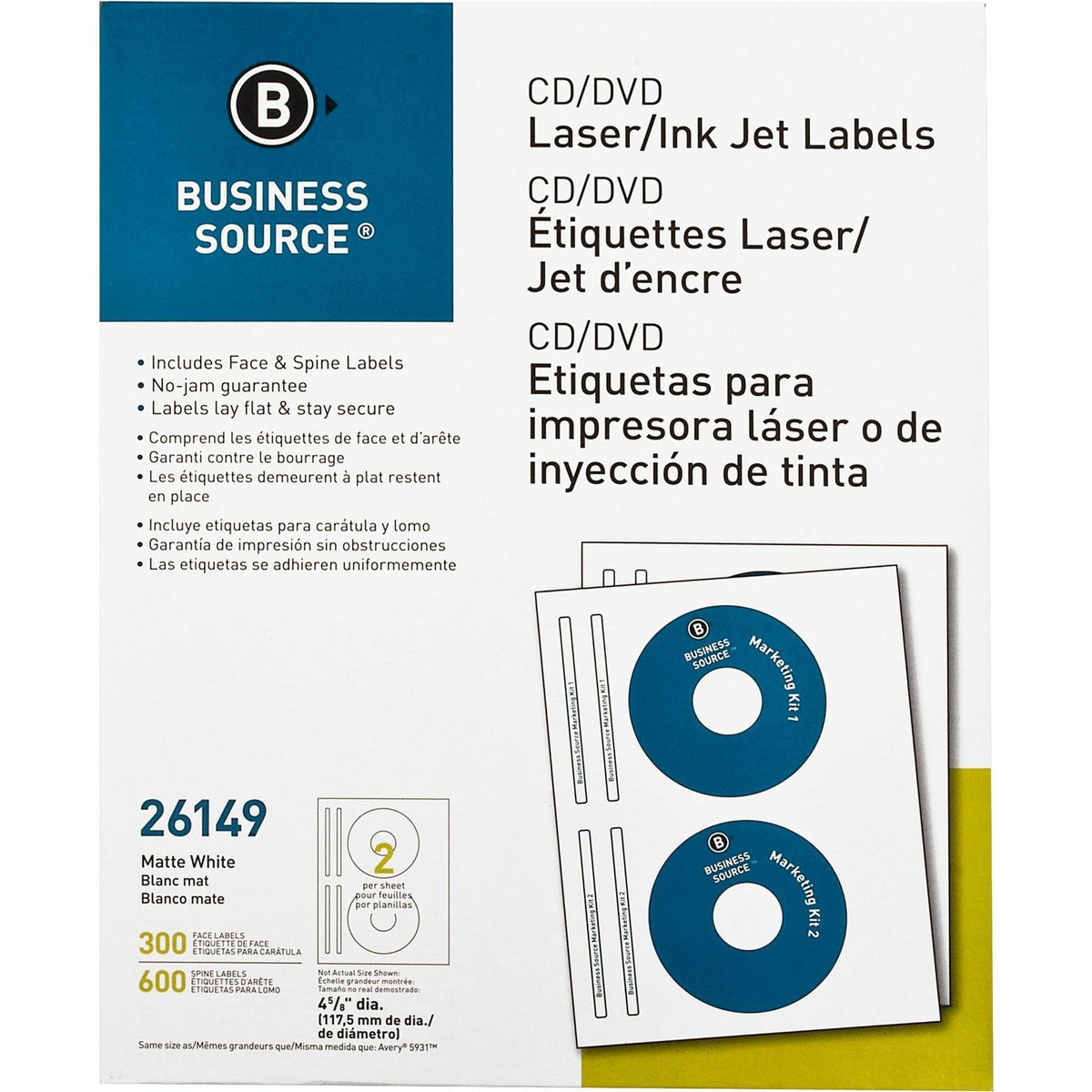 Business Source CD/DVD Labels - 4 5/8" Diameter - Permanent Adhesive - Circle - Inkjet, Laser - White - Lignin-free, Smudge Resistant - 300 / Pack