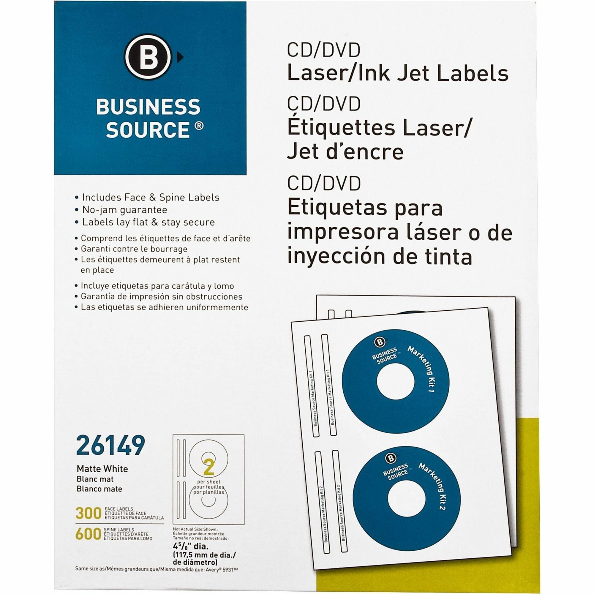 Business Source CD/DVD Labels - 4 5/8" Diameter - Permanent Adhesive - Circle - Inkjet, Laser - White - Lignin-free, Smudge Resistant - 300 / Pack