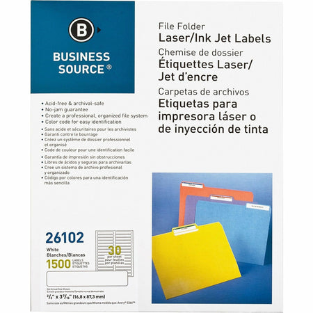 Business Source Laser/Inkjet File Folder Labels - 21/32" Width x 3 7/16" Length - Permanent Adhesive - Rectangle - Laser, Inkjet - White - Paper - Jam-free, Lignin-free, Self-adhesive - 30 / Sheet - 1500 / Pack